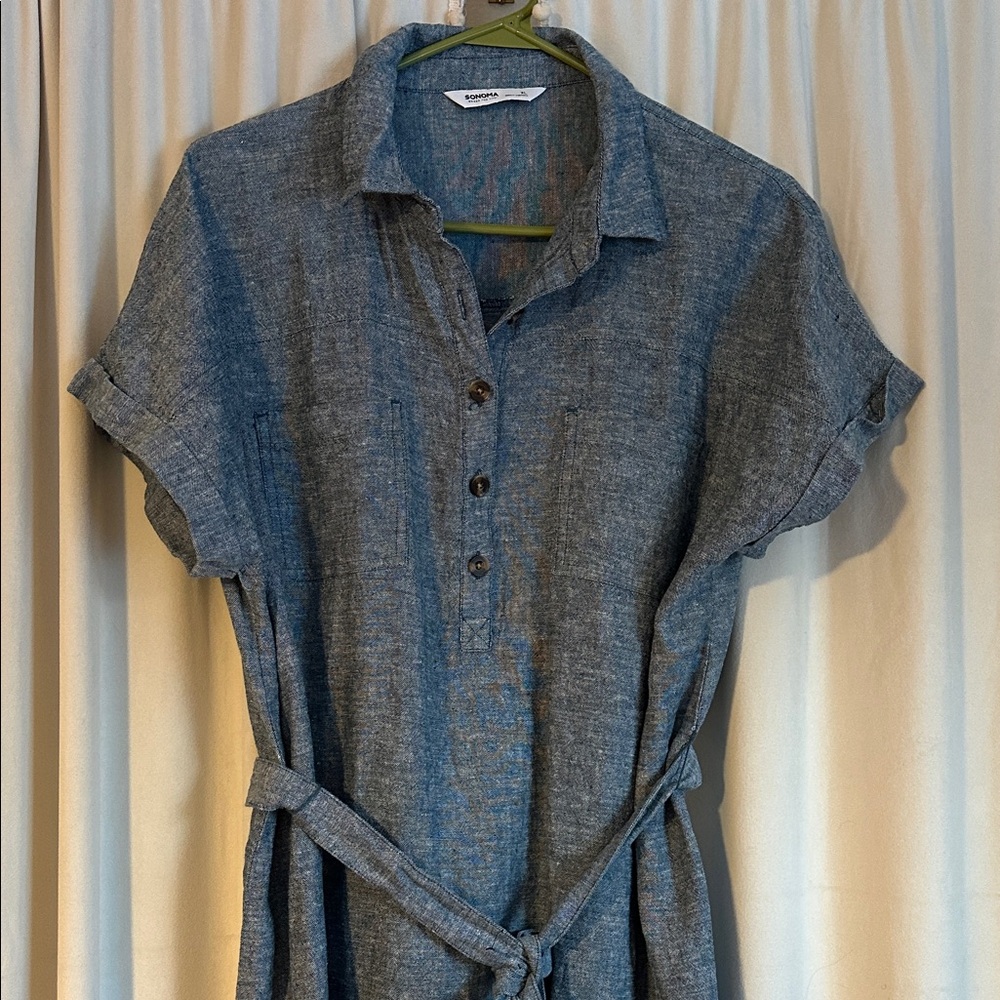 Blue Button-Up Dress with Belt